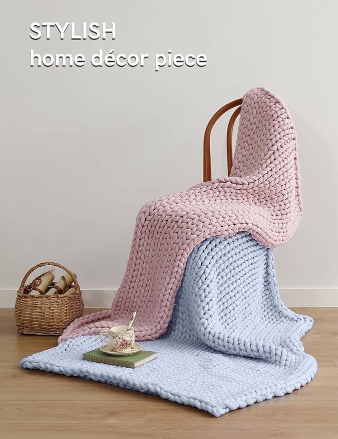 YnM Chunky Throw Blanket, Medium-Weight, Hand Knitted, Skin Friendly, Ventilated and Breathable, Machine Washable, Home Décor Piece for Couch, Sofa and Bed (Atlantis Blue, 60x80 Inch)