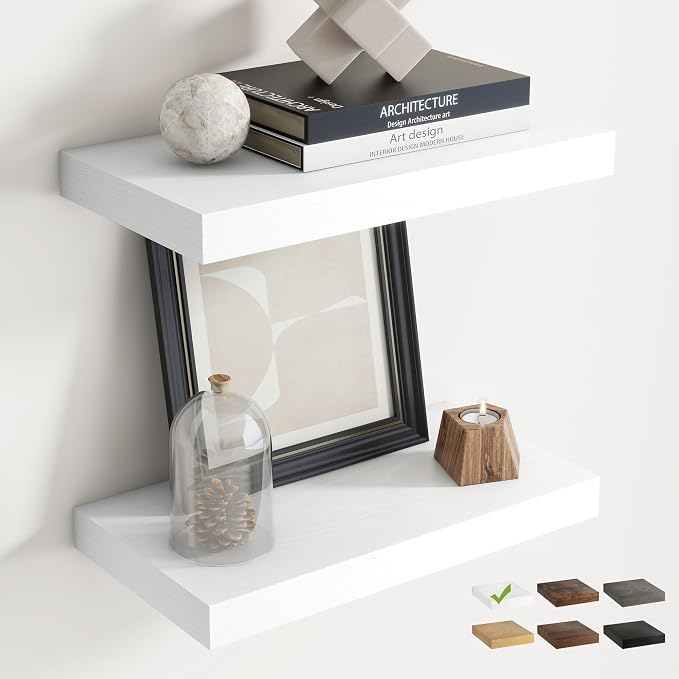 16 Inch Floating Shelves for Wall Set of 2, 8"D Wood Grain Bathroom Shelves with Invisible Brackets, Easy Install Engineered Wood Storage Shelves for Kitchen, Living Room, Bedroom, White Finish