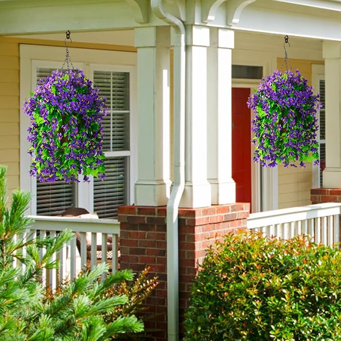 INQCMY Artificial Hanging Flowers in Basket for Spring Patio Garden Decoration, Faux Silk Violet in Planter UV Resistant Realistic for Outside Home Porch Balcony Yard Decor(Purple)