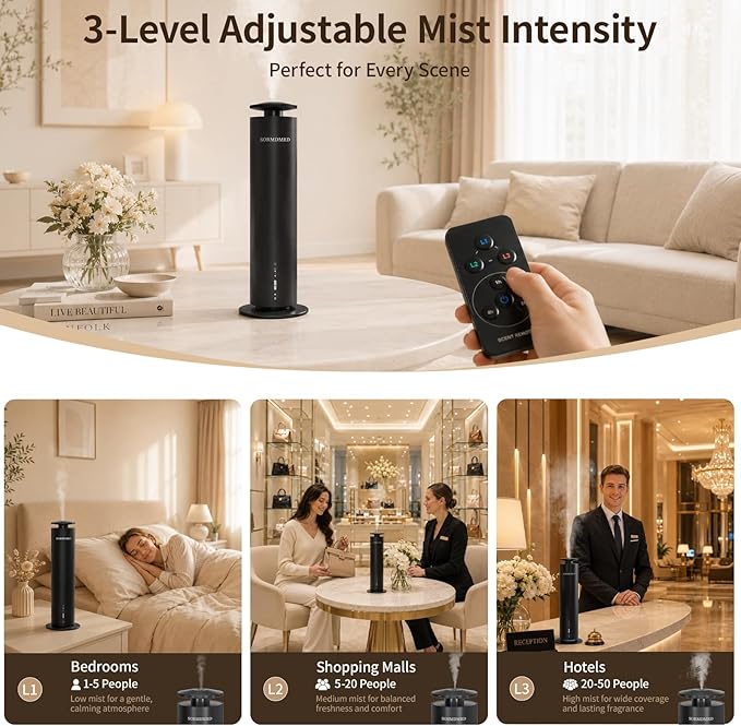Waterless Scent Diffuser Starter Kit with 5 Oils Covers up to 2000 Sq Ft | Cold Air Diffusers for Home, Hotel, Office, Aromatherapy Diffuser with Adjustable Mist, Timer, App, Remote & Touch Control