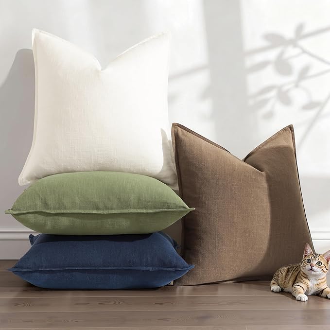 decorUhome Summer Decorative Linen Throw Pillow Covers 16x16 Inch Set of 2 Light Brown Pillow Covers with Flange Edges Soft Farmhouse Boho Accent Pillow Cases for Couch Bed Living Room