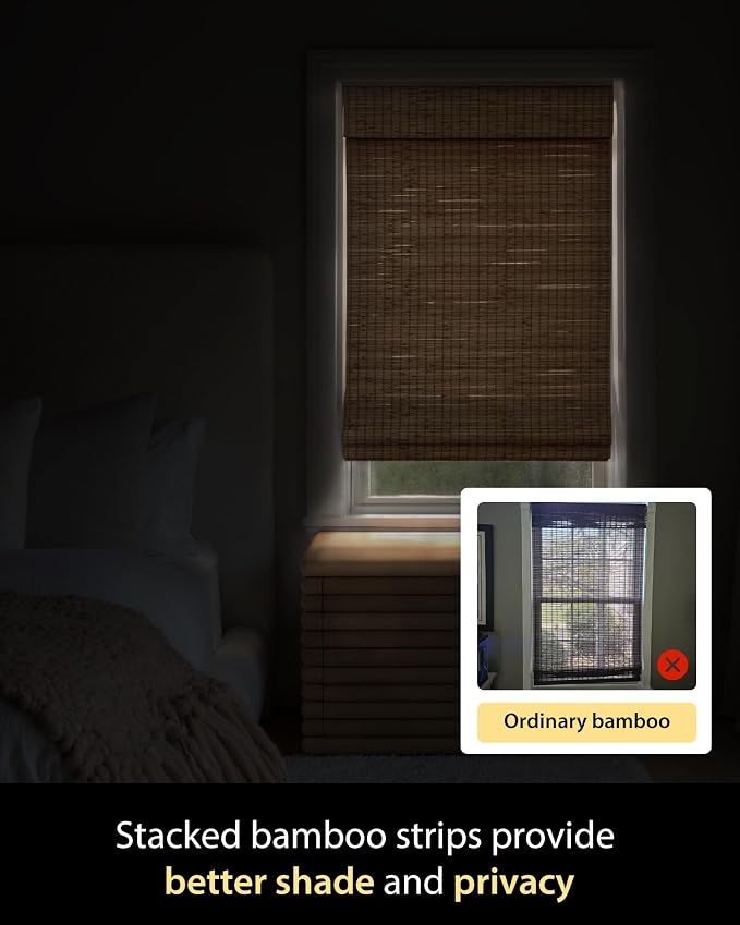 UNISHADES Cordless Bamboo Roman Shades, 25.5×64 in, Highfield Teak | Wide Bamboo Strip Weaving Technique, High light-blocking capacity, High Level of Privacy Protection