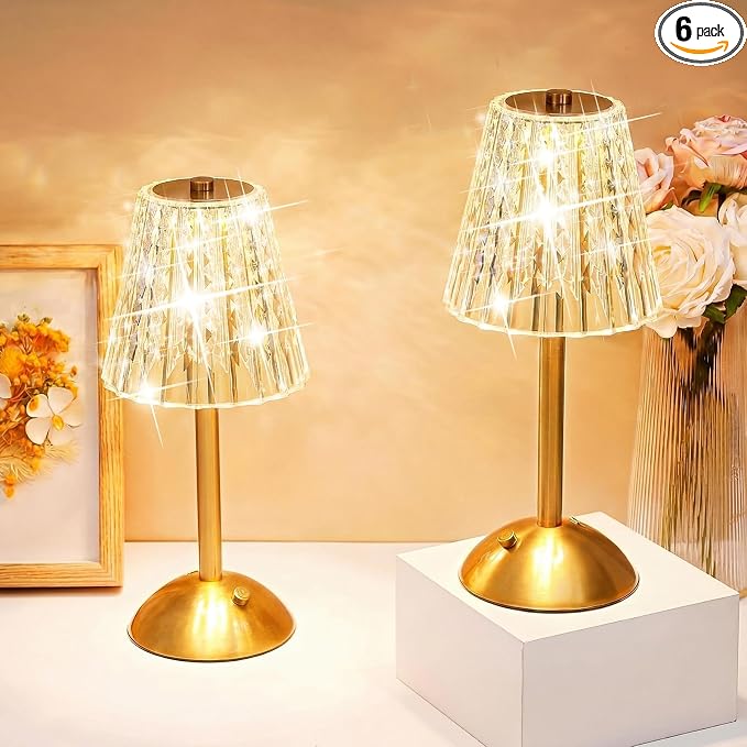 Liliful 6 Pcs Cordless Table Lamp Rechargeable Touch LED Small Gold Portable Battery Operated USB-c Desk Lamp 3 Color Dimmable for Bedroom Living Room Dining (Gold,Classic Style)