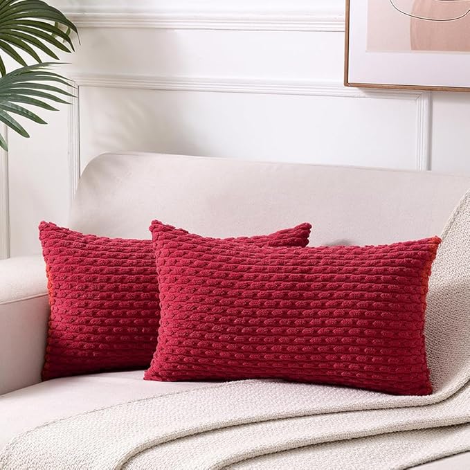Fancy Homi Set of 2 Burgundy Lumbar Decorative Throw Pillow Covers 12x20 Inch for Couch Bed Sofa, Modern Farmhouse Boho Home Decor, Soft Plush Corduroy Rectangle Wine Red Cushion Case 30x50 cm