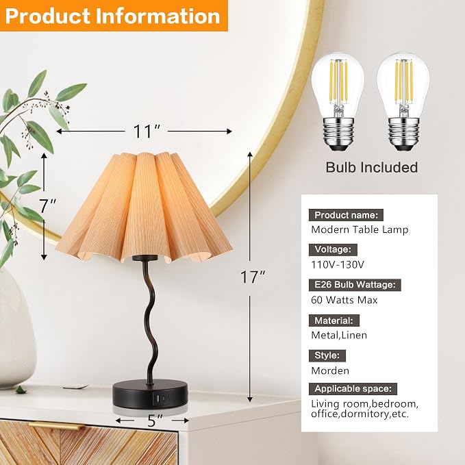 EOEYYOYB Pleated Table Lamp, Table Lamp for Bedroom, Bedside Lamps for Nightstand with Linen Lampshade, Modern Lamp for Bedroom Home Office Decor, Burlywood
