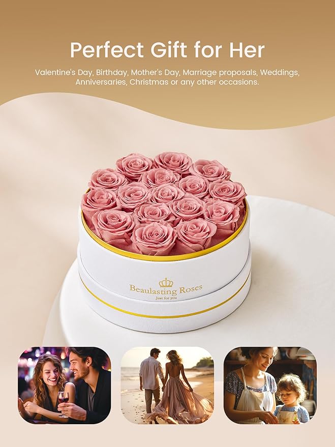 16 Preserved Roses Forever Flowers Real Roses in a Box Mother's Day Birthday Flowers for Her Mom Women Wife Valentine's Day, Dusty Pink Roses