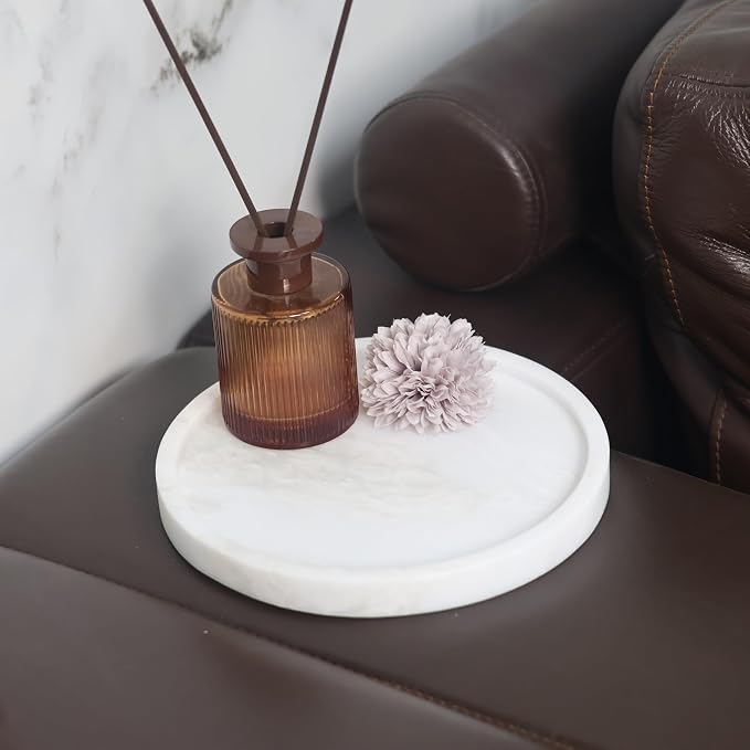 Natural Marble Tray | 8.3" Round Decorative Serving Tray for Bathroom Vanity, Jewelry & Perfume Display | Kitchen Counter & Coffee Table Decor-White Jade