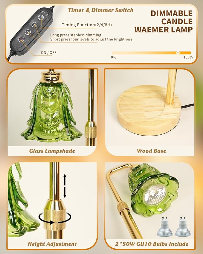 SupBri Tulip Candle Warmer Lamp, Adjustable Height, Dimmable Candle Warmer with Timer, Mom Womens Gifts for Birthday, Unique Home Decor Aesthetic (Green)