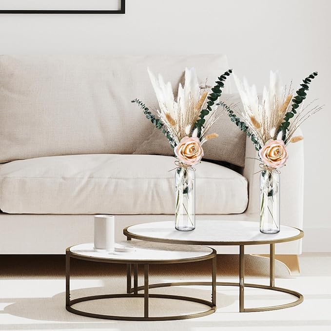 Qinyoung 10 Set Dried Pampas Grass Centerpiece for Wedding Baby Shower Party 10 Glass Flower Jars 10 Artificial Roses 80 Dried Pampas Grass with Rope for Rustic Bridal Farmhouse Decoration(Champagne)