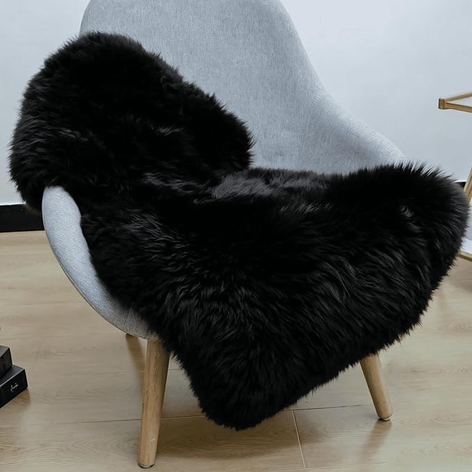 AOGELAN Black Fluffy Fluffy Shaggy Fur Area Rug, Fuzzy Genuine Sheepskin Rug, Soft Fur Pup Carpet, Chair Sofa Seat Cover(Black, Single Pelt/2FT*3FT)