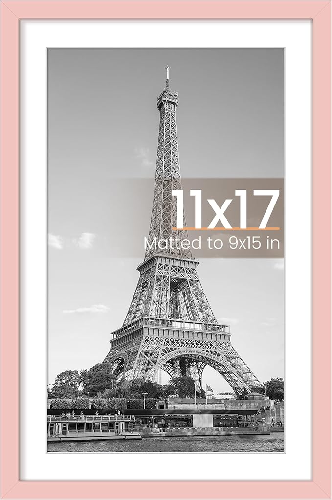 upsimples 11x17 Picture Frame, Display Pictures 9x15 with Mat or 11 x 17 Without, Wall Hanging Poster Frames, Pink, 1 Pack