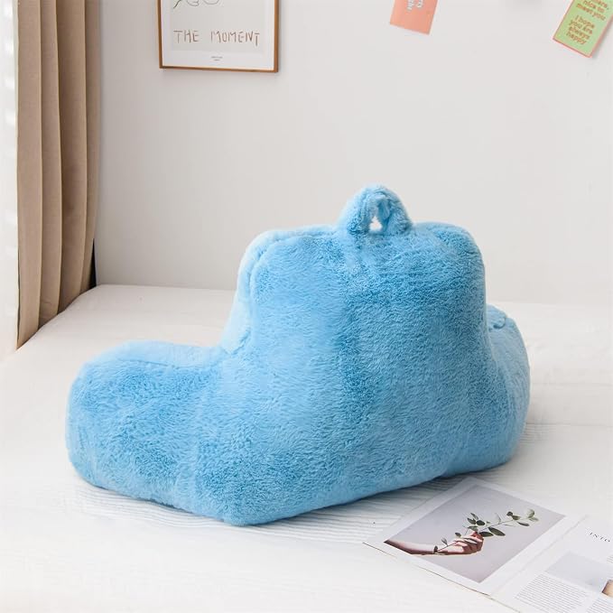 A Nice Night Faux Fur Reading Pillow Bed Wedge Adult Children Backrest with Arms Back Support for Sitting Up in Bed/Couch for Bedrest,Large Size,Babyblue