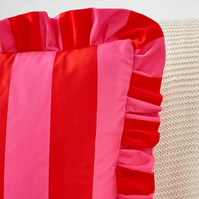 MONDAY MOOSE Decorative Throw Pillow Covers, Set of 2 Water-Resistant Striped Design with Ruffle Edge for Outdoor/Indoor Use, Pillow Inserts Not Included (18x18 inch, Hot Pink/Red)