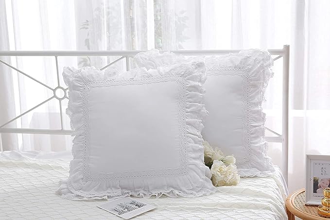 Lace White Euro Shams Throw Pillow Covers Cushion Cases with Ruffles Cotton 20"X20" Zipper Closure Luxury Elegant 2-Pack