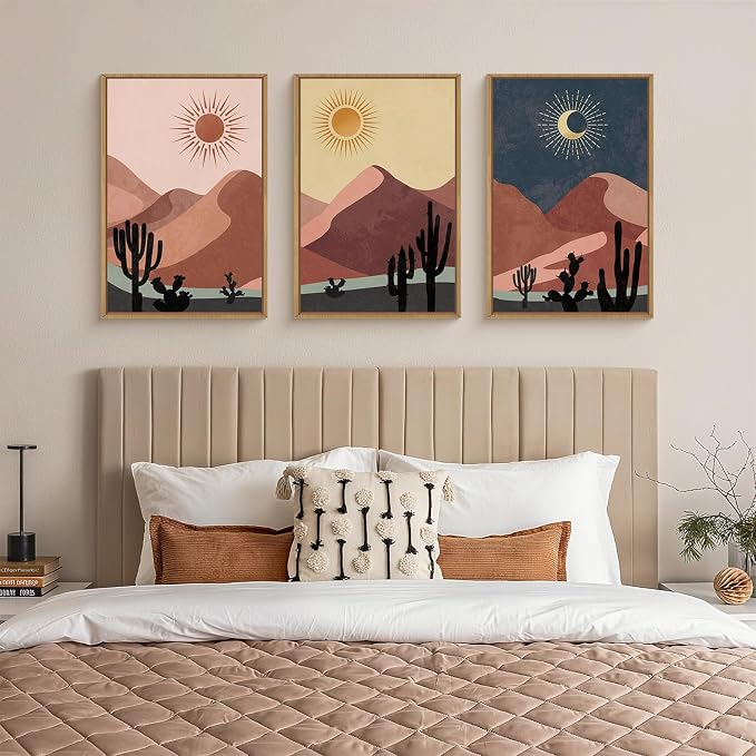 HPNIUB Boho Desert Framed Canvas Wall Art Set, Abstract Sun and Moon Wall Decor, Modern Cactus Art Prints, Mid Century Southwestern Landscape Artwork for Living Room, Bedroom, Office-16''x24''x3