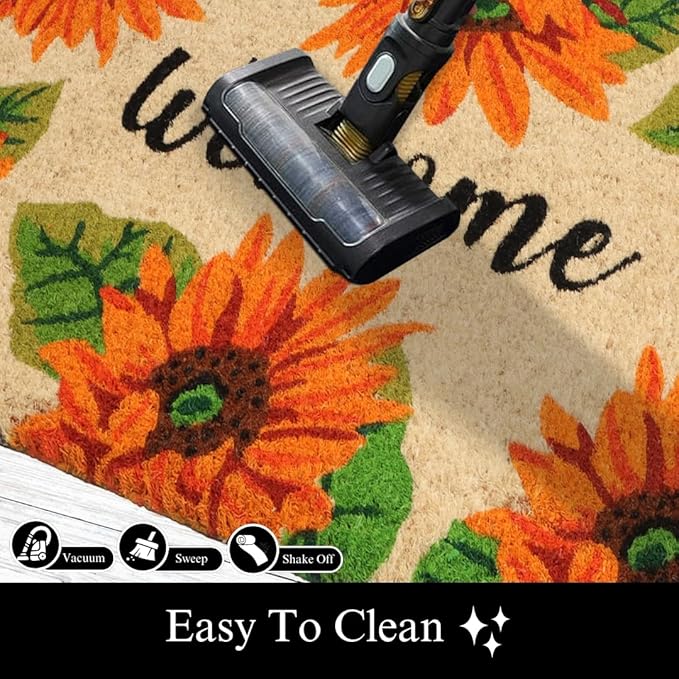 A1HC Natural Coco Coir Door Mat Orange Sunflower Doormat with Heavy Duty Non-Slip PVC Backing - 18" x 30" - Easy to Clean, Welcome Mat for Home, Low-Profile Durable Doormat