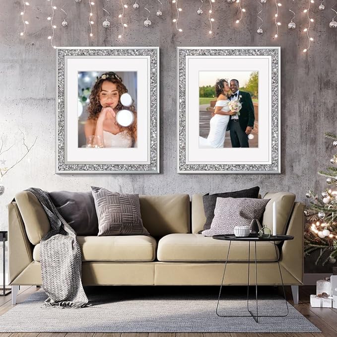 ALLARTONLY Big Mirror Photo Frame 16x20inch Mat To 11x14inch Crushed Diamond Bling Sparkle Home Decor, 2 Pack Crystal Silver Glass Wedding Picture Poster Wall Frame.