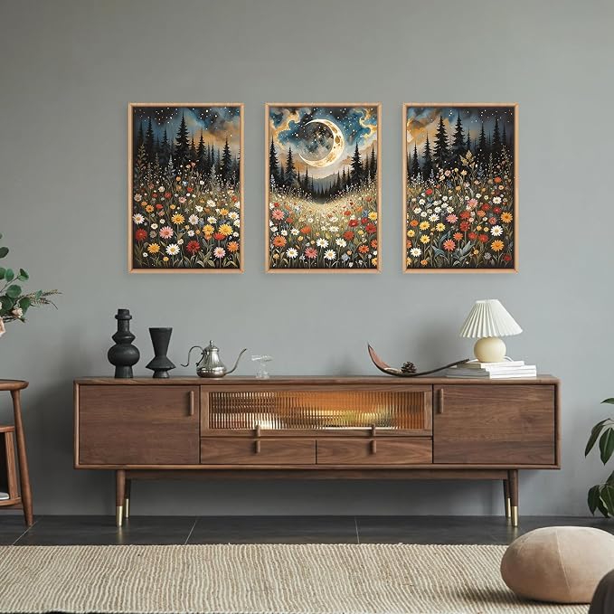 HPINUB Wildflower Moon Forest Framed Canvas Wall Art Set,Nature Pine Tree Wall Decor,Mystical Starry Night Artwork Rustic Mountain Landscape Art Print for Living Room,Bedroom,Office-16 x24 x3