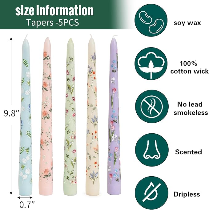 Sungmor Pretty Floral Taper Candlesticks, Beautiful 5-Color Decal Craft, 10" Long Decorative Candle, Scented & Colored Tall Candlestick, Long Burning & Smokeless Tapered Holiday Party Celebrate Candle