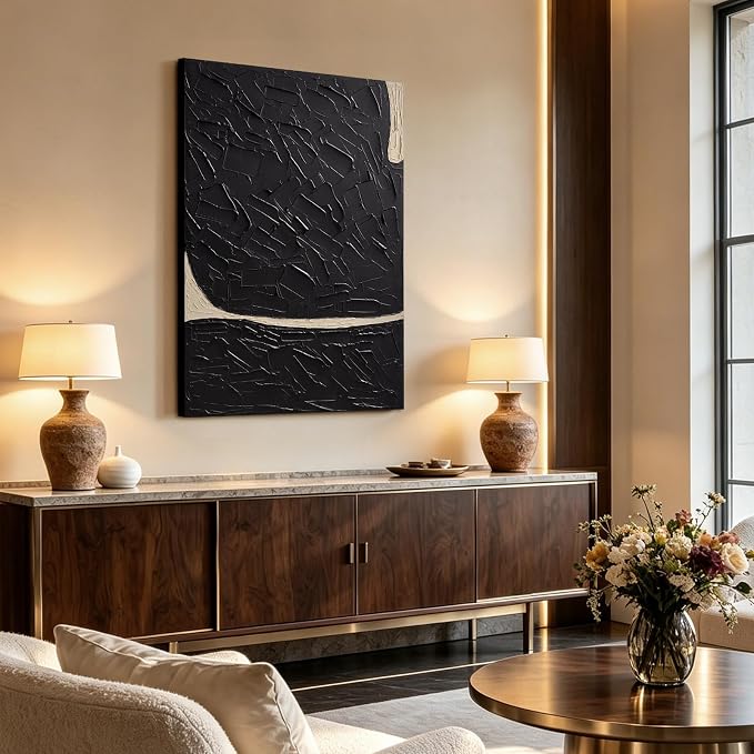 Large Textured Abstract Canvas Wall Art, Modern Minimalist Black Wall Decor | Hand-Painted Vertical Oil Painting Artwork for Living Room Bedroom Office, 28x40 In Original Neutral Home Decor Gifts