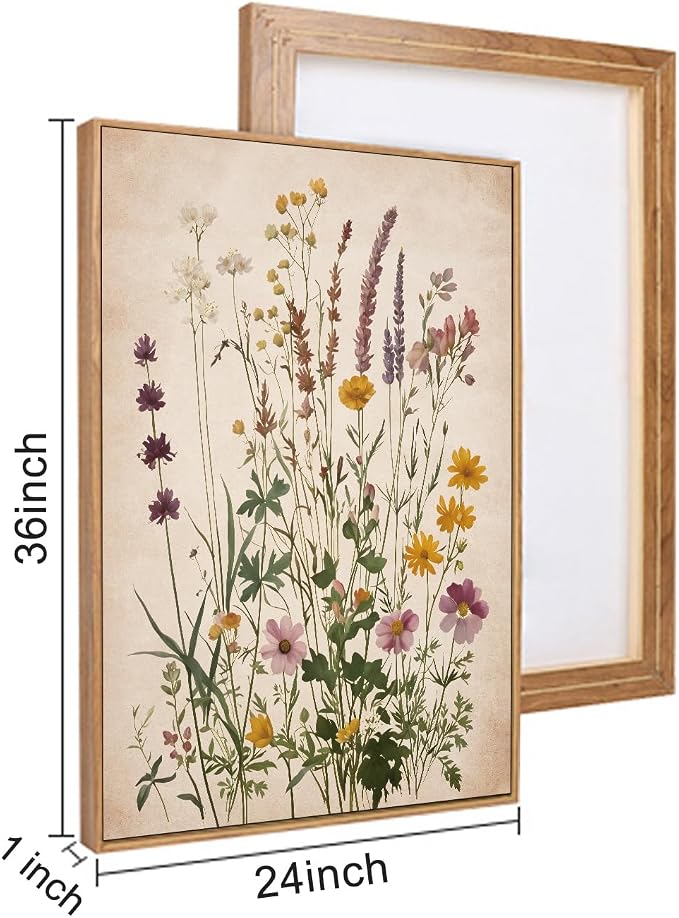 Vintage Wildflower Watercolor Framed Canvas Wall Art Set, Retro Flower Botanical Wall Decor, Colorful Floral Wall Painting, Flower Illustration Art Prints for Living Room, Bedroom 24"x36"x3