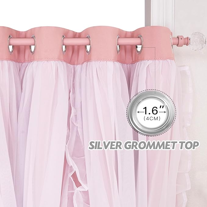 PONY DANCE Pink Curtains for Nursery, Double Layer Bow Curtains with Ruffle Sheer Overlay for Girls Bedroom,Cute Shabby Chic Room Darkening Drapes in Coquette Style,Blush Pink,52x84 inch, 2 PCs