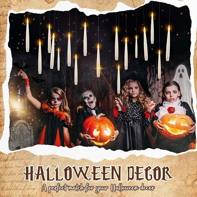 12White Flameless Floating Candles with Wand Remote, Magic Hanging Candles with String, Taper Candle Flickering Flameless Light Halloween Candles for Halloween Christmas Birthday Party Decor.