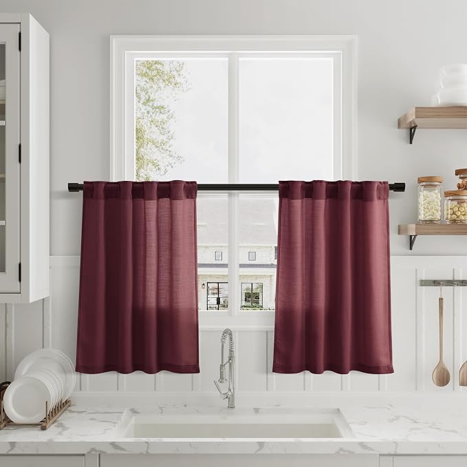 Burgundy Linen Kitchen Curtains 36 Inch Length 2 Pack Light Filtering Semi Industrial Style Transparent Linen Blend Short Drapes Back Tab Rod Pocket for Small Windows Cafe Bathroom Garage 26Wx36L