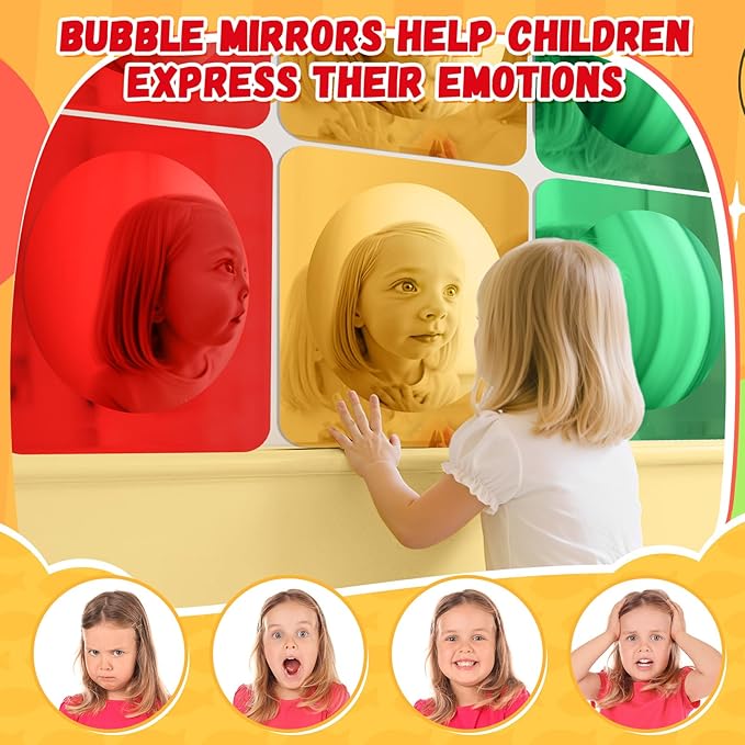 Geiserailie 9 Pcs Sensory Wall Mirror Acrylic Bubble Mirror Toys for Calming Corner Items - Sensory Room Have Visual, Tactile Stimulation (10 x 10 Inch,Red,Yellow,Green)