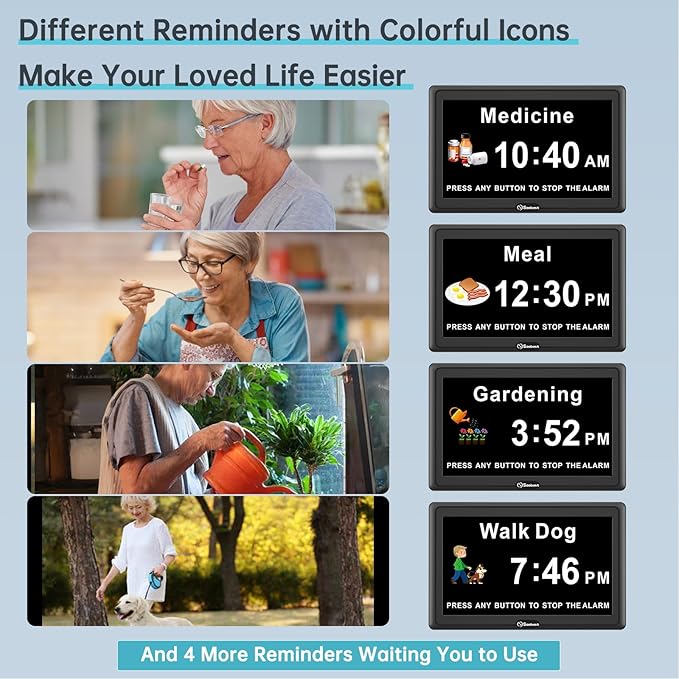 Soobest Dementia Digital Clock for Seniors Elderly, 20 Alarm Reminders 3 Ringtones for Memory Loss Alzheimers, Electric Time Date Day Large Display Calendar Clock, Auto DST, 1024 * 600P HD