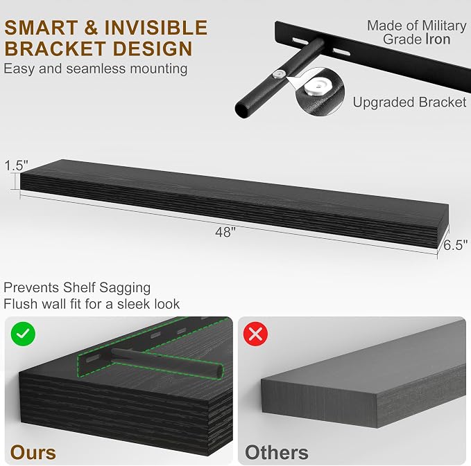 Fun Memories Floating Shelves for Wall, 48Inch Long Floating Shelves Set of 1, Hanging Shelf with Invisible Brackets, Wood Shelves for Living Room, Bedroom, Kitchen, Black