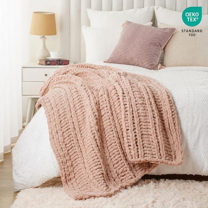 Battilo Chunky Knit Throw Blanket for Couch, 50"x60", Pink | Hand Knit, Gift Blanket for Girls, Women, Cozy Warm Thick Soft Chenille Throw Blanket for Chair, Sofa, Living Room