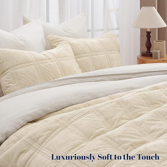 PHF Ultra Soft Velvet Quilt Set Twin Size – 2PCS Luxurious Cozy Quilted Comforter Alternative with Diamond Pattern, Warm Quilted Bedspread Coverlet, 68" x 92", Sand