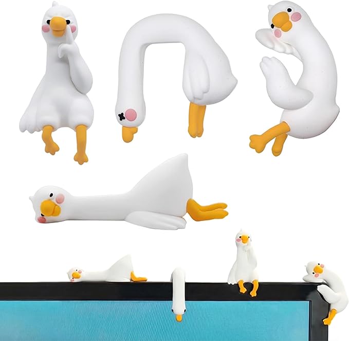 Funny Resin Desk Goose Decor 4 PCS, Mini Cute Goose Figurines for Computer Monitor, Car Dashboard and Rearview Mirror, Office Desk, Photo Frame Decorations Accessories & Housewarming Gifts