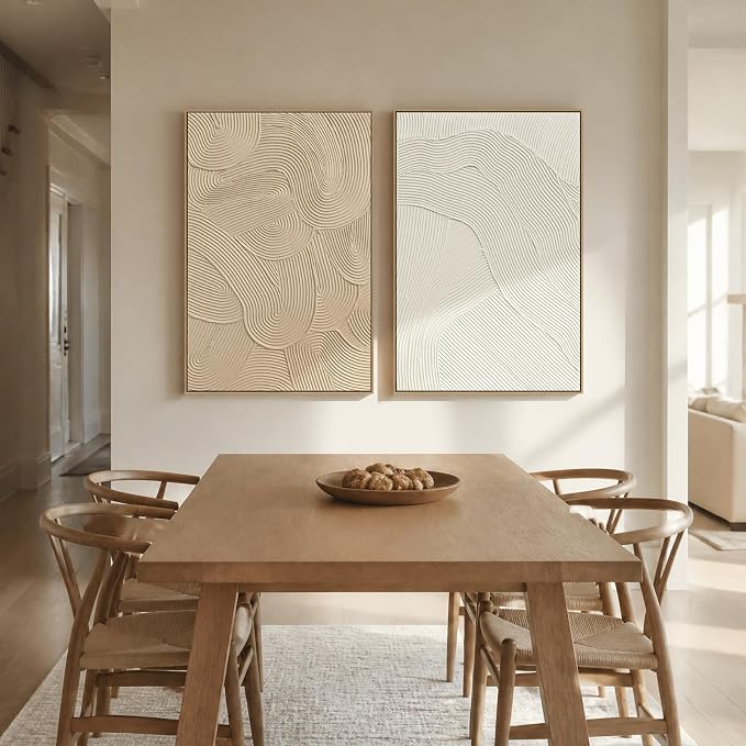 SAFERRYHOME Neutral Abstract Hand Painted Wall Art, Textured, 24"x36"x2 | Large 3D Framed White and Brown Wall Decor, Modern Painting Minimalist Geometric Texture Artwork for Home Office Living Room