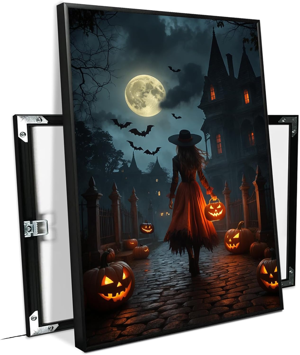 JFHCQJPK Halloween theme poster moonlit autumn night witch vintage poster art print dark college style gothic painting canvas wall decoration bedroom living room ideal gift8x12in Metal blackFramed