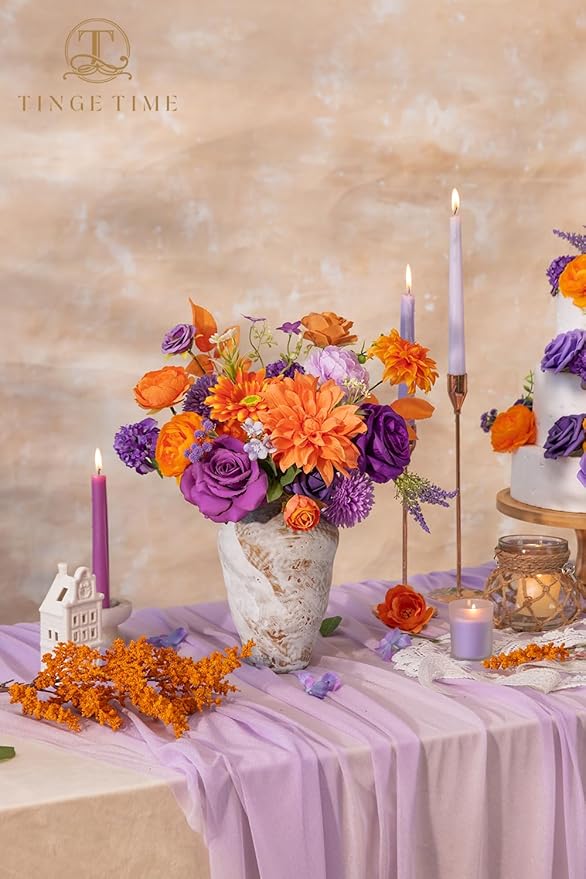 TINGE TIME Rose Artificial Flowers Combo, Fake Foam Roses with Stems for DIY Autumn Wedding Bridal Shower Party Table Centerpieces Fake Floral Arrangement Home Decor(Burnt Orange and Purple)