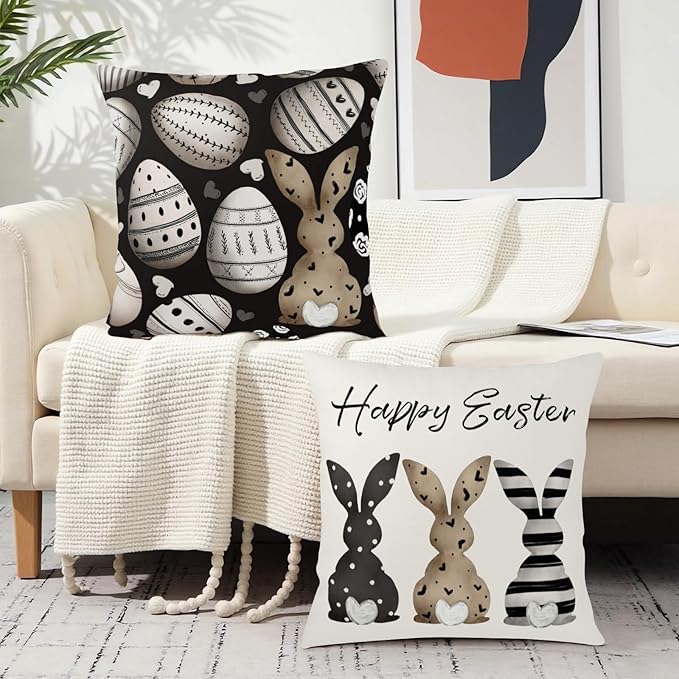 Easter Pillow Covers Black White Easter Eggs Pillow Cases Striped Love Heart Brown Bunny Throw Pillow Covers 20x20 Set of 2 Retro Spring Rabbit Outdoor Cushion Cases for Home Sofa
