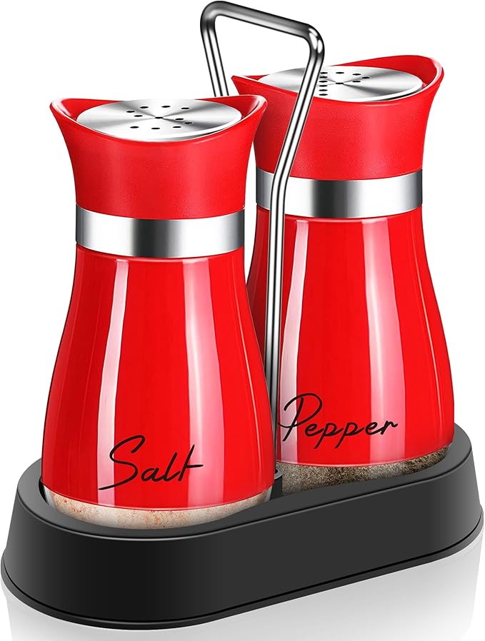 Red Salt and Pepper Shakers Set with Holder,4 oz Cute Christmas ktichen Decor and Accessories Theme Set Home Essentials Housewarming Gifts Refillable Design (Red)
