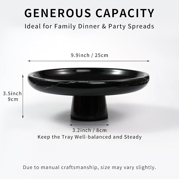 Marble Fruit Bowl for Kitchen - 9.9" Black Decorative Stone Pedestal Bowls for Home Decor, Footed Fruits Holder For Dining Table Counter Organization