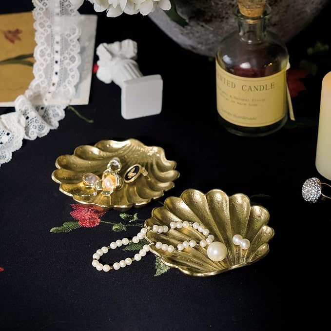 NIKKY HOME 2 Pack Seashell Ring Holder Jewelry Tray, Gold Trinket Dish | Coastal Small Metal Decorative Tray for Women, Elegant Storage Organizer for Vanity & Bathroom, Wedding & Engagement Gift