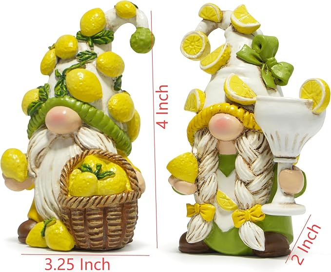 Hodao Lemon Gnome Set – with Lemon-Covered Hats, Basket & Goblet, 2PCS Hand-Painted, Cute Summer Kitchen & Shelf Decor, Indoor Home/Party Accents, Adorable Gift