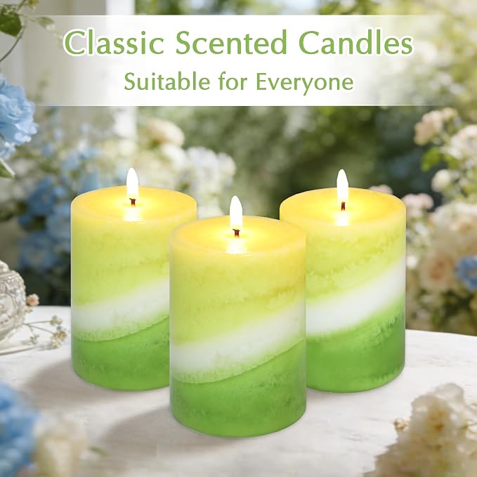 Eucalyptus Mint Scented Pillar Candles, 3x4 Inch, 100% Cotton Core Handmade Striped Paraffin Wax with Candles for Bathroom Living Room Home Decor, Set of 3, 50H+ Burn Time