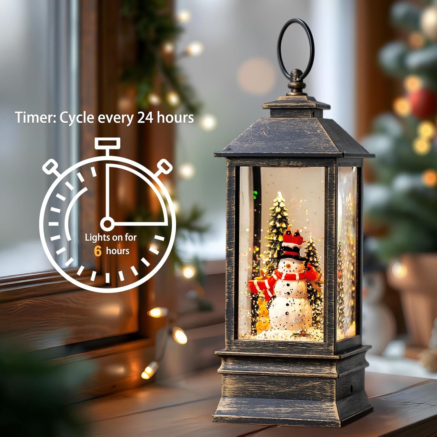 Christmas Snow Globes (11 Inch, Square-Snowman), Black Brush Gold