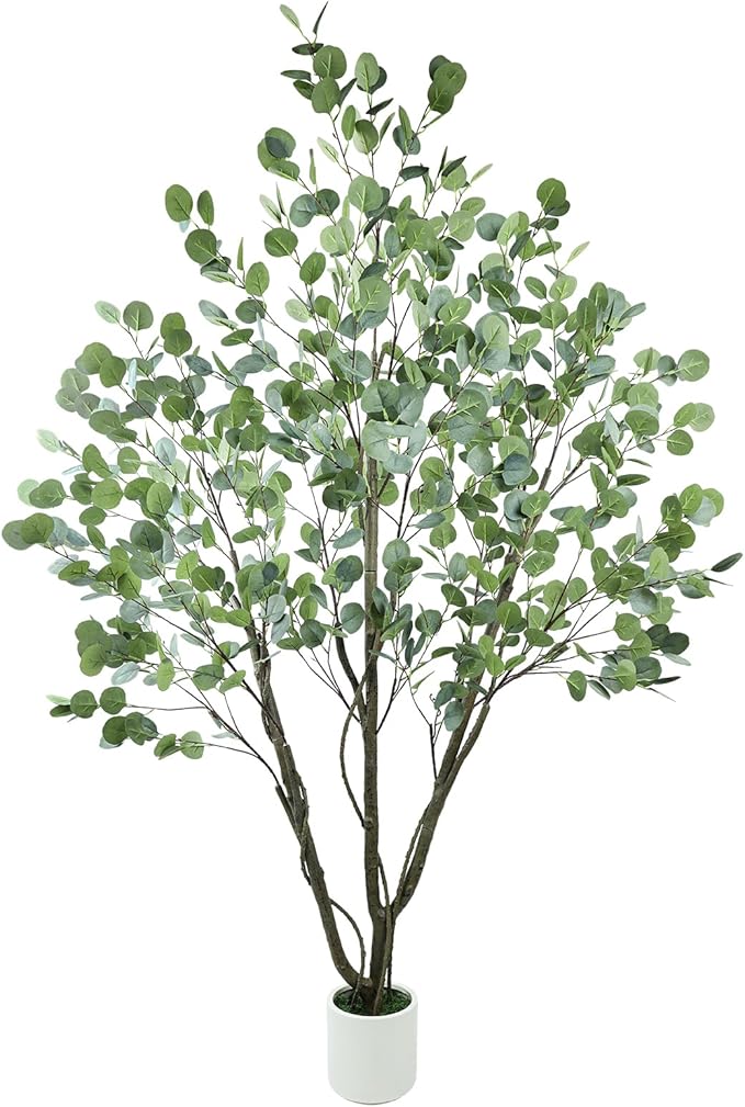 Caxchiling Large Artificial Eucalyptus Tree 6FT, Indoor Outdoor Faux Tree | Natural Trunk with White Planter for Home Office Living Room Front Door Decor