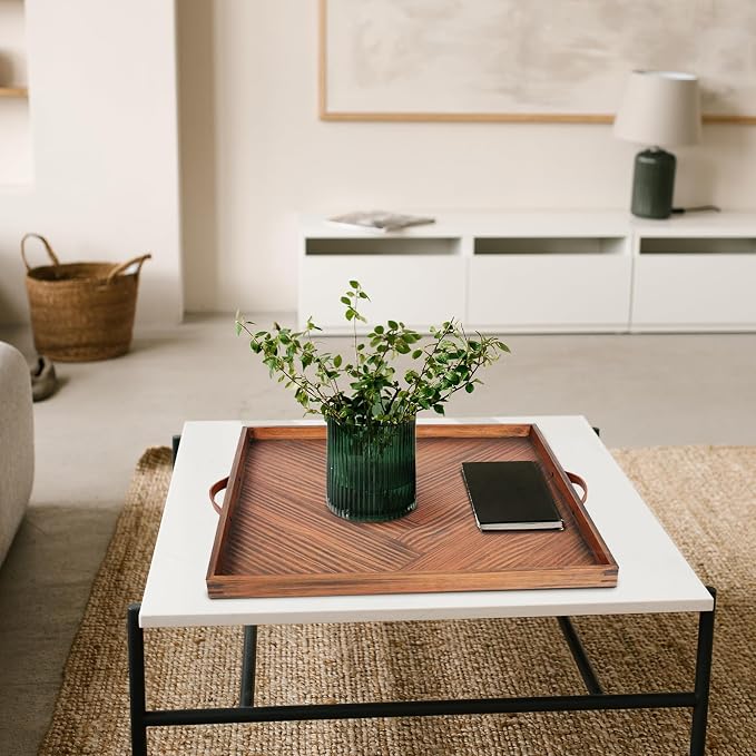 SXNOWS Wooden Serving Tray with Leather Handles, 24x24 in | Large Square Wood Tray,Perfect for Ottoman Coffee Table Living Room and Kitchen, Rustic Gift for Home Decor