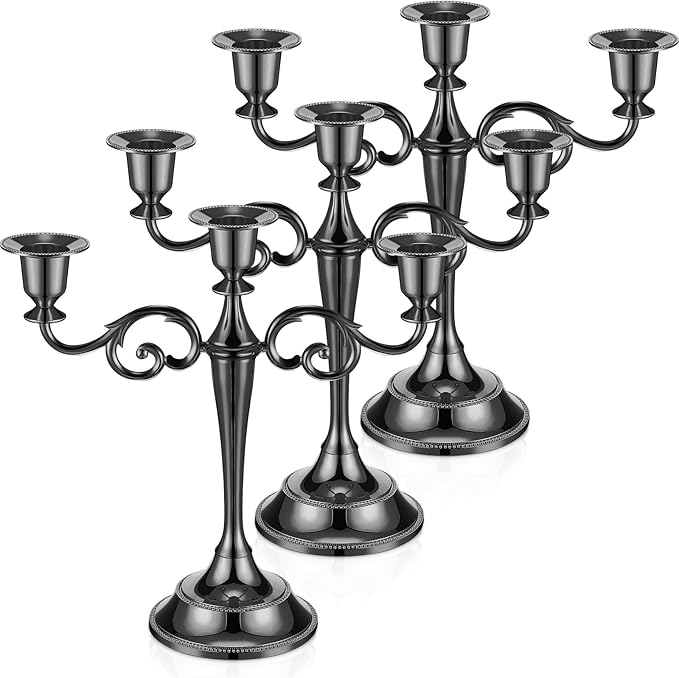 Dandat 3 Pcs 3 Arm Metal Candelabra Candlestick Holders Tall Candlestick Holders Gothic Candle Holder for Home Wedding Church Christmas Party(Classic,10 Inch,Black)
