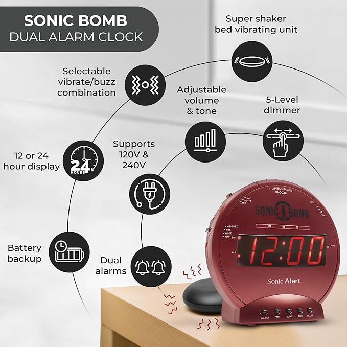 Sonic Alert Sonic Bomb Dual Alarm Clock with Bed Shaker, Red Vibrating Alarm Clock Heavy Sleepers, Battery Backup | Wake with a Shake