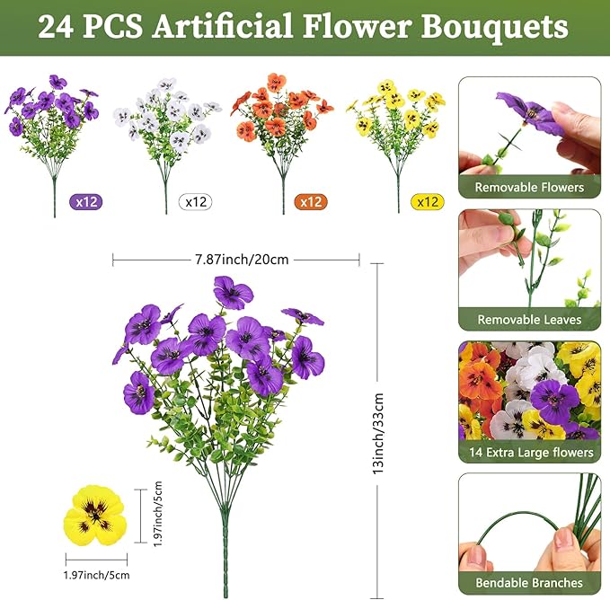 Alupssuc 24 Bundles Artificial Flowers for Outdoors, Fake Spring Flowers for Decoration, UV Resistant Realistic Pansies with Eucalyptus Silk Faux Flowers for Porch Yard, Purple Yellow White Orange
