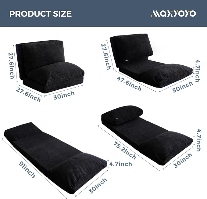 MAXYOYO Folding Sofa Bed, Extra Thick and Long Floor Sofa Convertible Chair with Washable Cover, Floor Couch Lounge Bean Bag Bed for Living Room, Black, 30"x91"